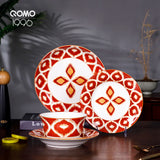 12-Piece Porcelain Dinnerware Set – “Red Flame” Pattern Ceramics Tableware with Bowls, Soup Plates & Fruit Plates