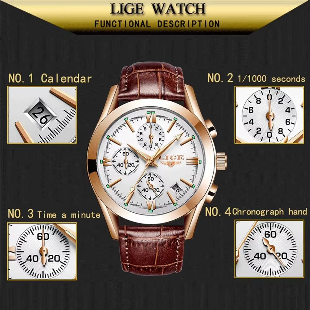 LIGE Men’s Luxury Waterproof Sport Watch – Luminous Quartz Military Leather Chronograph with Date Display