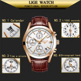 LIGE Men’s Luxury Waterproof Sport Watch – Luminous Quartz Military Leather Chronograph with Date Display