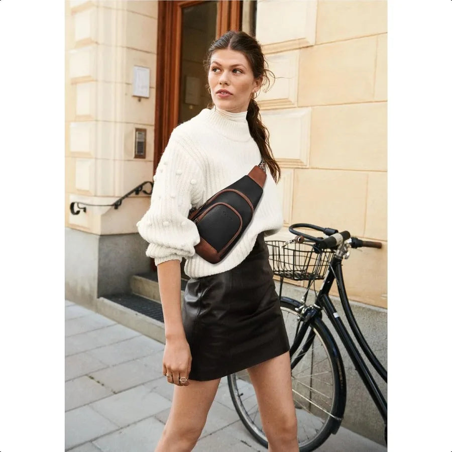 Women’s Leather Sling Crossbody Bag – Minimalist Chest Purse with Adjustable Guitar Strap for Travel & Everyday Style