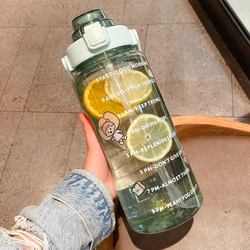 2 L Sports Straw Water Bottle – Large Capacity Jug with Time-Marker & Stickers, Portable for Fitness & Travel