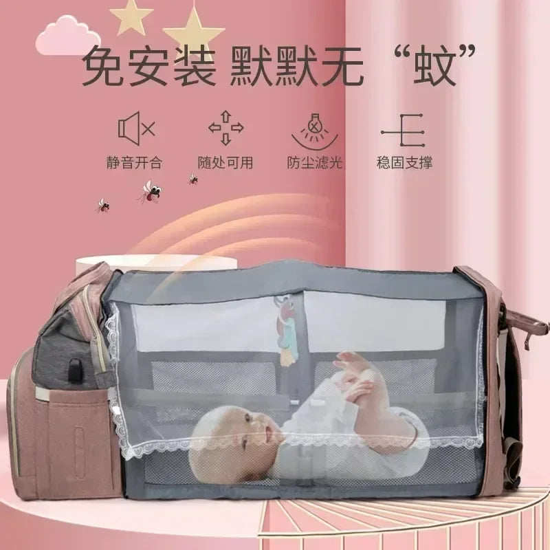 Portable Folding Crib Mommy Bag – Large-Capacity Travel Maternity Backpack for Baby Care