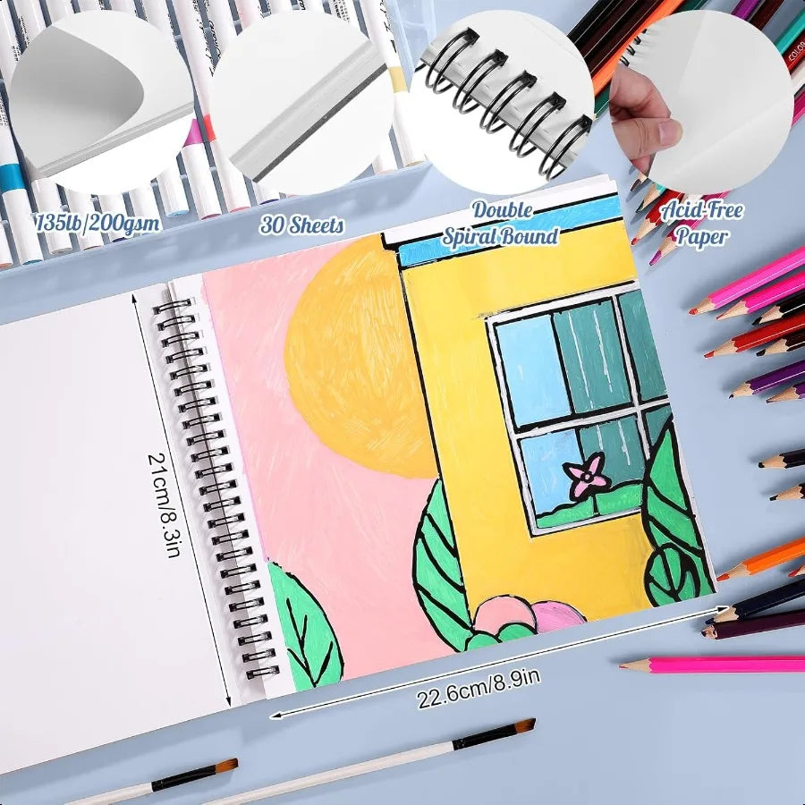 200 gsm Double-Sided Bleedproof Marker Paper Pad – 8.3×8.9″ Spiral Sketchbook (30 Sheets)