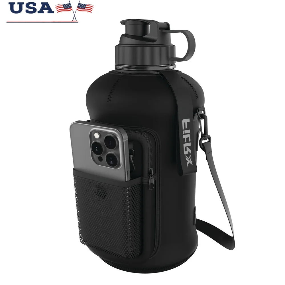 Half-Gallon / 68 oz Reusable Water Bottle with Neoprene Sleeve & Carry Strap – Large Capacity Portable Jug for Adults