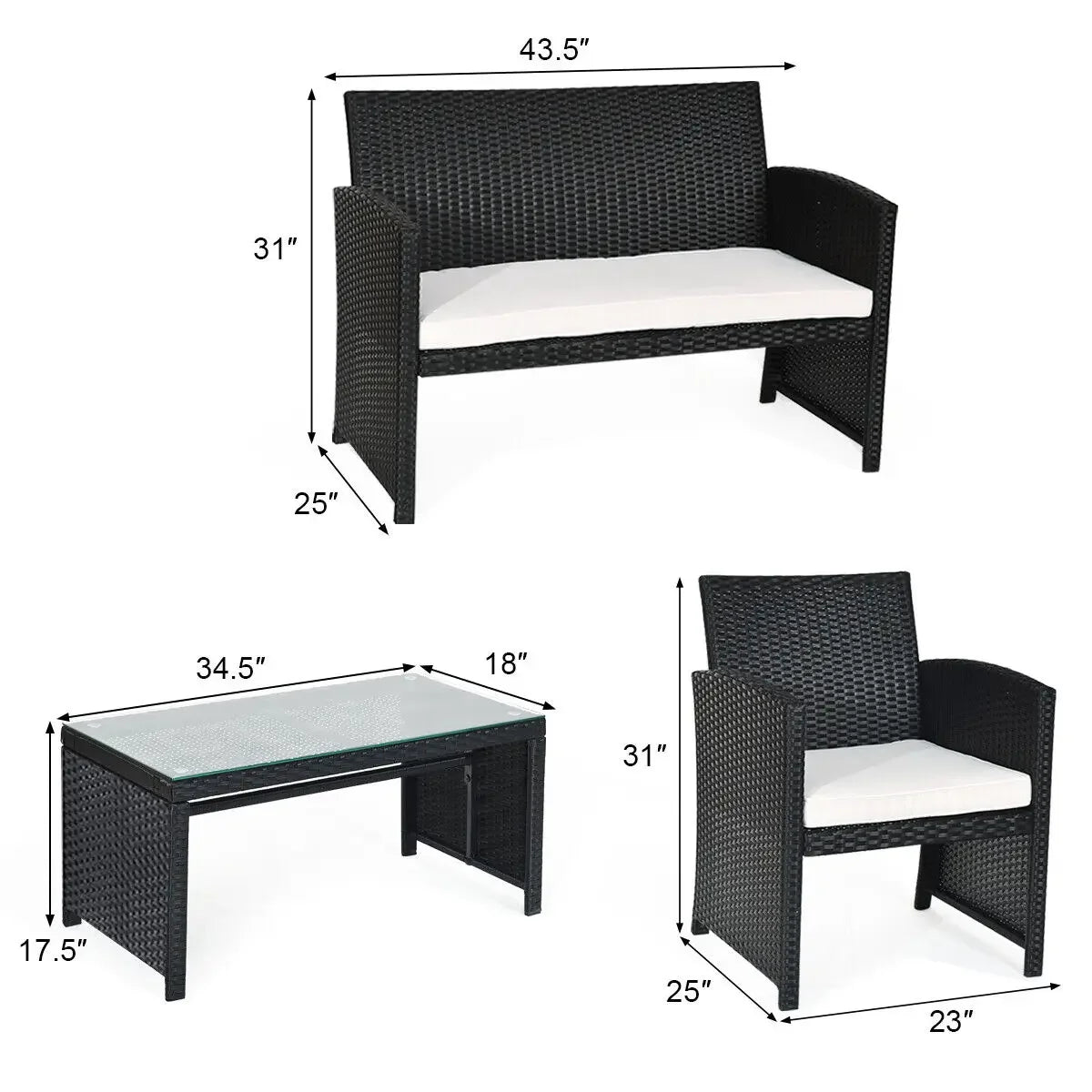 “4-Piece Rattan Patio Conversation Set – Cushioned Outdoor Sofa, 2 Chairs & Coffee Table with Tempered Glass Top”