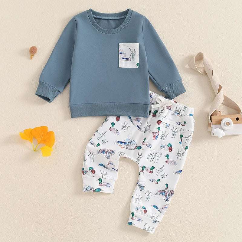 Toddler Boys Outfit Set – Long Sleeve Sweatshirt & Wild Duck Print Pants (2PCS)
