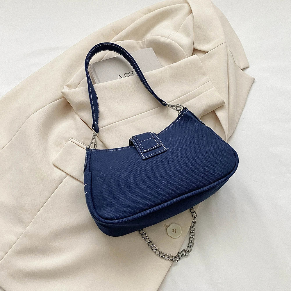 Women’s Vintage Rivet Y2K Under-Arm Canvas Satchel – Trendy Armpit Bag with Zipper Closure