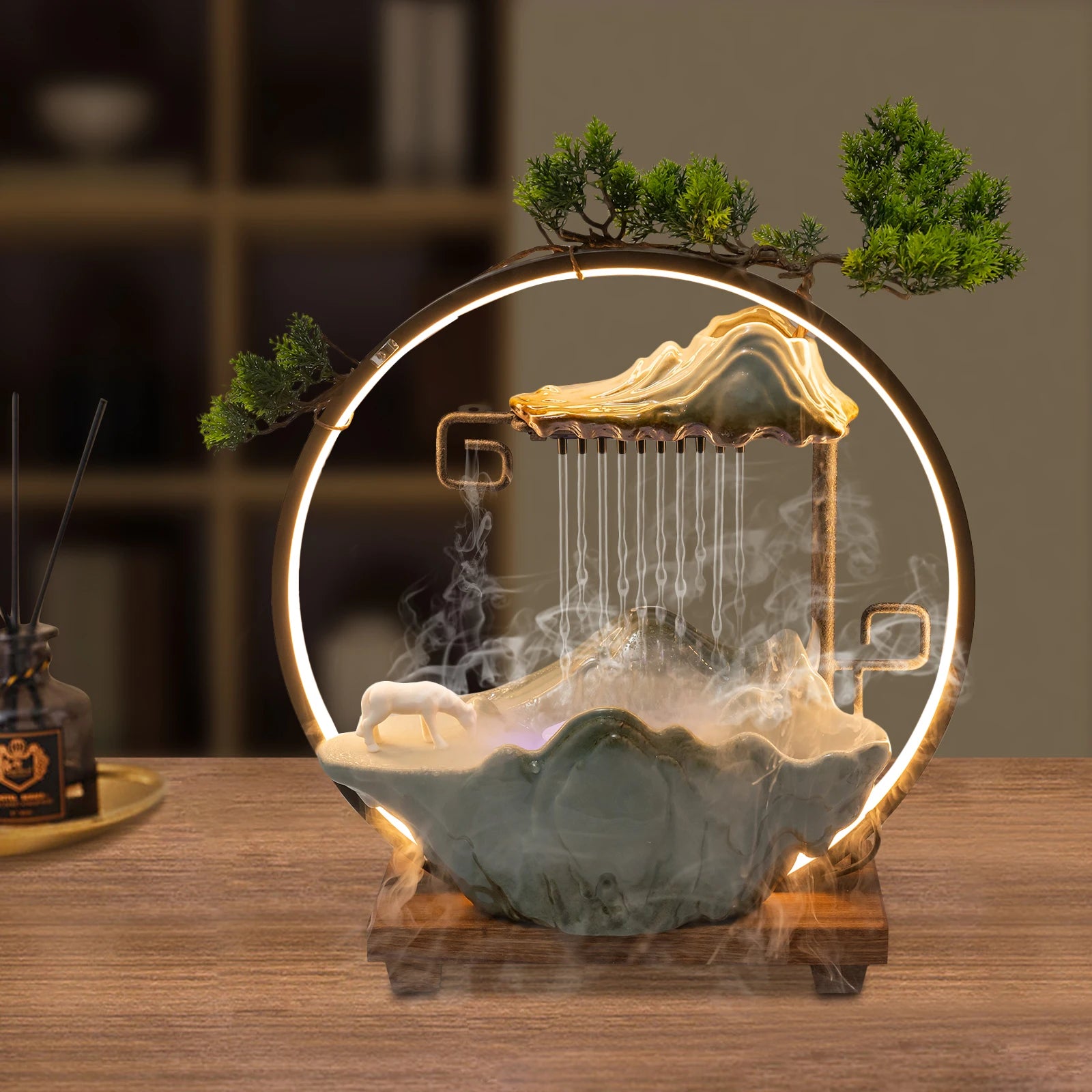 Backflow Incense Holder with Water Fountain & LED Light – Rockery Design with Horse & Plants for Relaxation 🪷💡