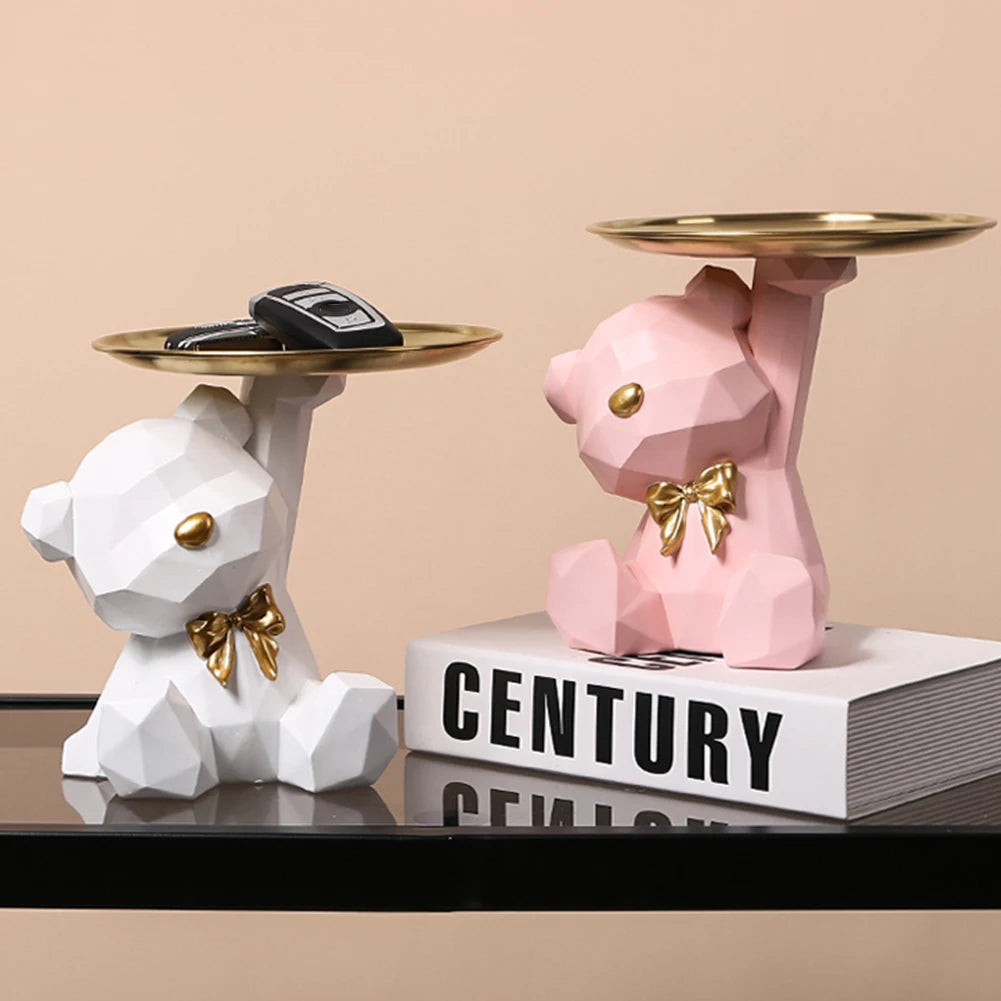 Geometric Bear Resin Sculpture with Tray – Modern Storage Figurine & Key Holder for Home, Entryway & Office Décor