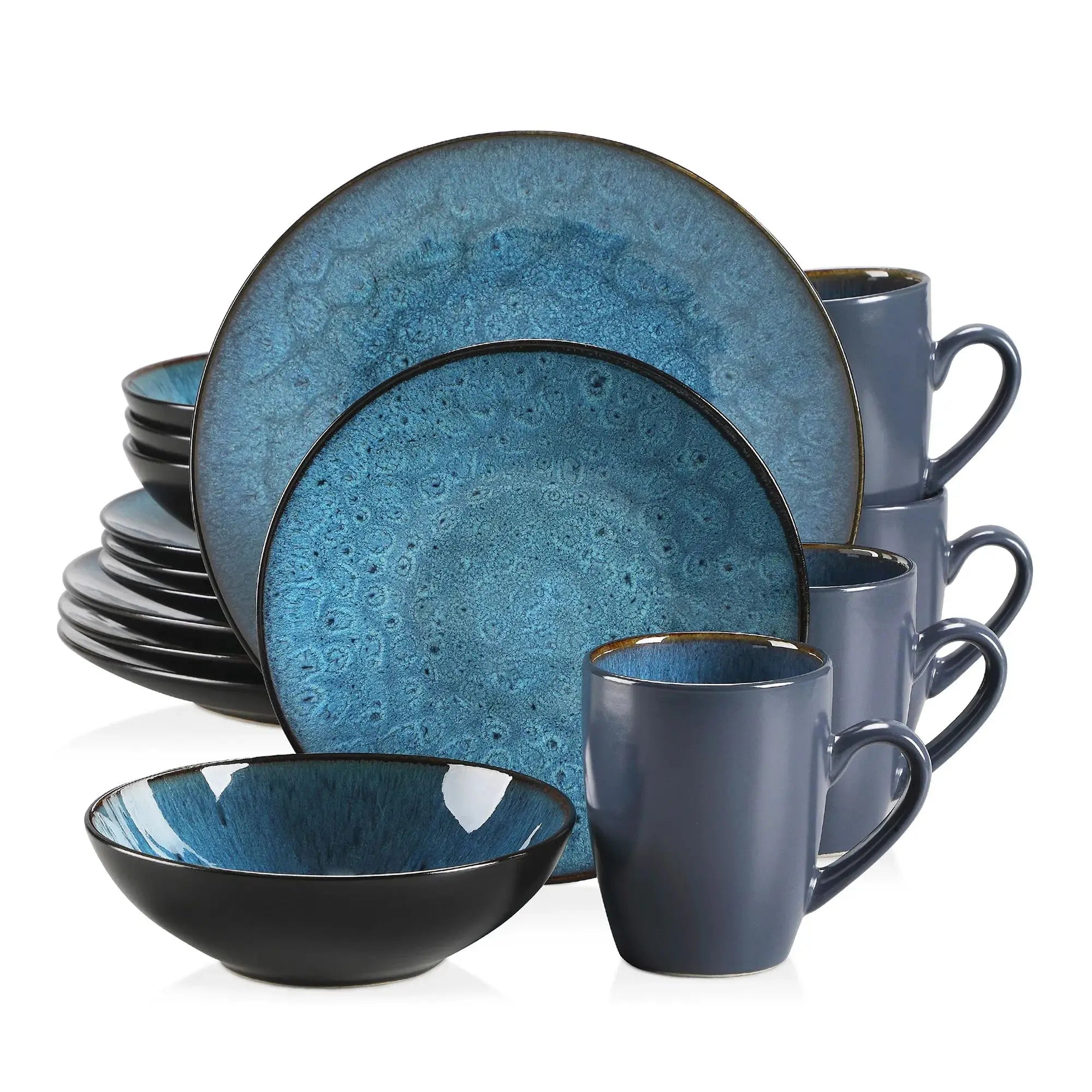 Vancasso Bubble 16/32/48-Piece Stoneware Tableware Set – Vintage Blue/Brown with Dinner Plates, Bowls & Coffee Cups