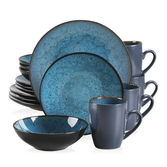 Vancasso Bubble 16/32/48-Piece Stoneware Tableware Set – Vintage Blue/Brown with Dinner Plates, Bowls & Coffee Cups