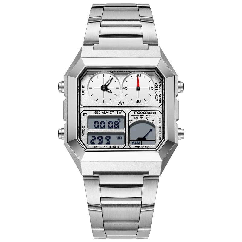 FOXBOX Men’s Electronic Sports Watch – Waterproof, Luminous Dial, Stainless Steel Strap & Alarm ⌚✨