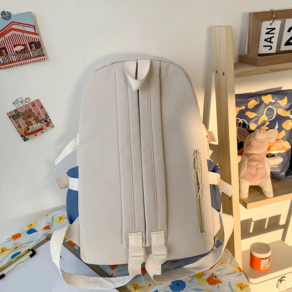 Preppy Style Contrast Color Canvas Backpack for Women – Student Knapsack with Decorative Pendant