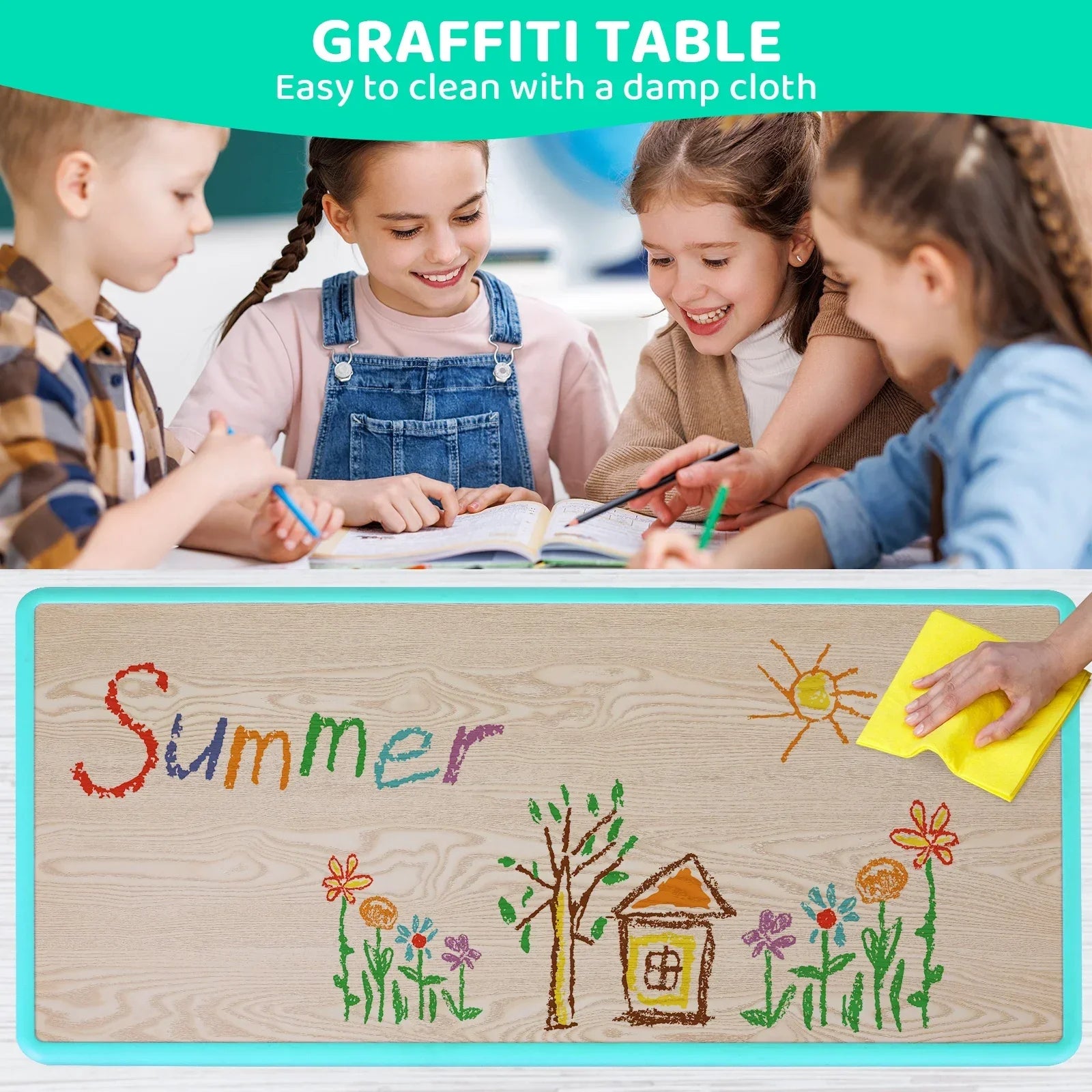 Kids Table & 6-Chair Set – Height Adjustable Multi-Activity Study & Craft Table for Children (Ages 2-10) 🖍️