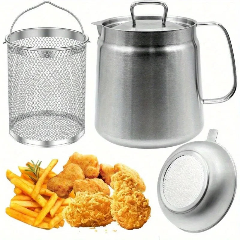 304 Stainless Steel Oil Filter Pot with Strainer – Multi-Function Grease & Oil Recycling Container for Frying