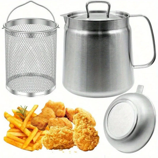 304 Stainless Steel Oil Filter Pot with Strainer – Multi-Function Grease & Oil Recycling Container for Frying