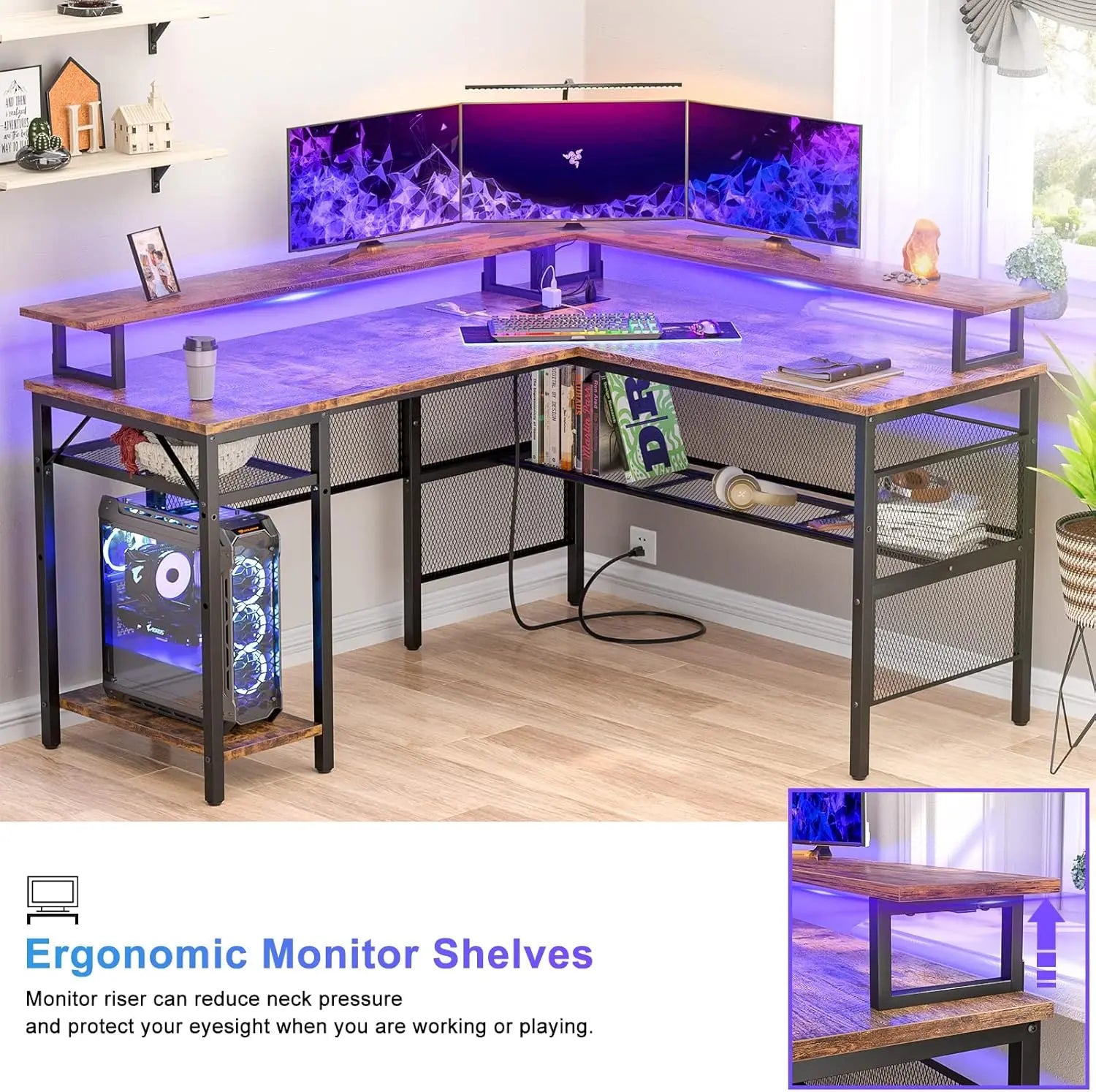 Modern L-Shaped Desk with LED Lights & Power Outlet – Reversible Corner Computer Table with Monitor Stand & Storage Shelf