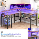 Modern L-Shaped Desk with LED Lights & Power Outlet – Reversible Corner Computer Table with Monitor Stand & Storage Shelf