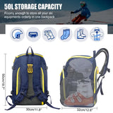 50L Ski Backpack for Winter Sports – Large Capacity Blue Travel Pack for Helmet, Goggles & Accessories
