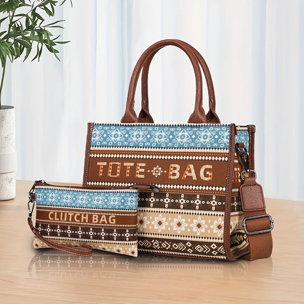 2PCS Bohemian Style Tote Bags – Retro Canvas & Leather Handbags for Women, Splash-Resistant Design
