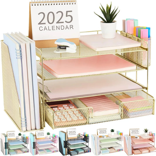 Letter Tray & File Rack Organizer – 4-Tier Desktop Storage with Drawers & Pen Holders
