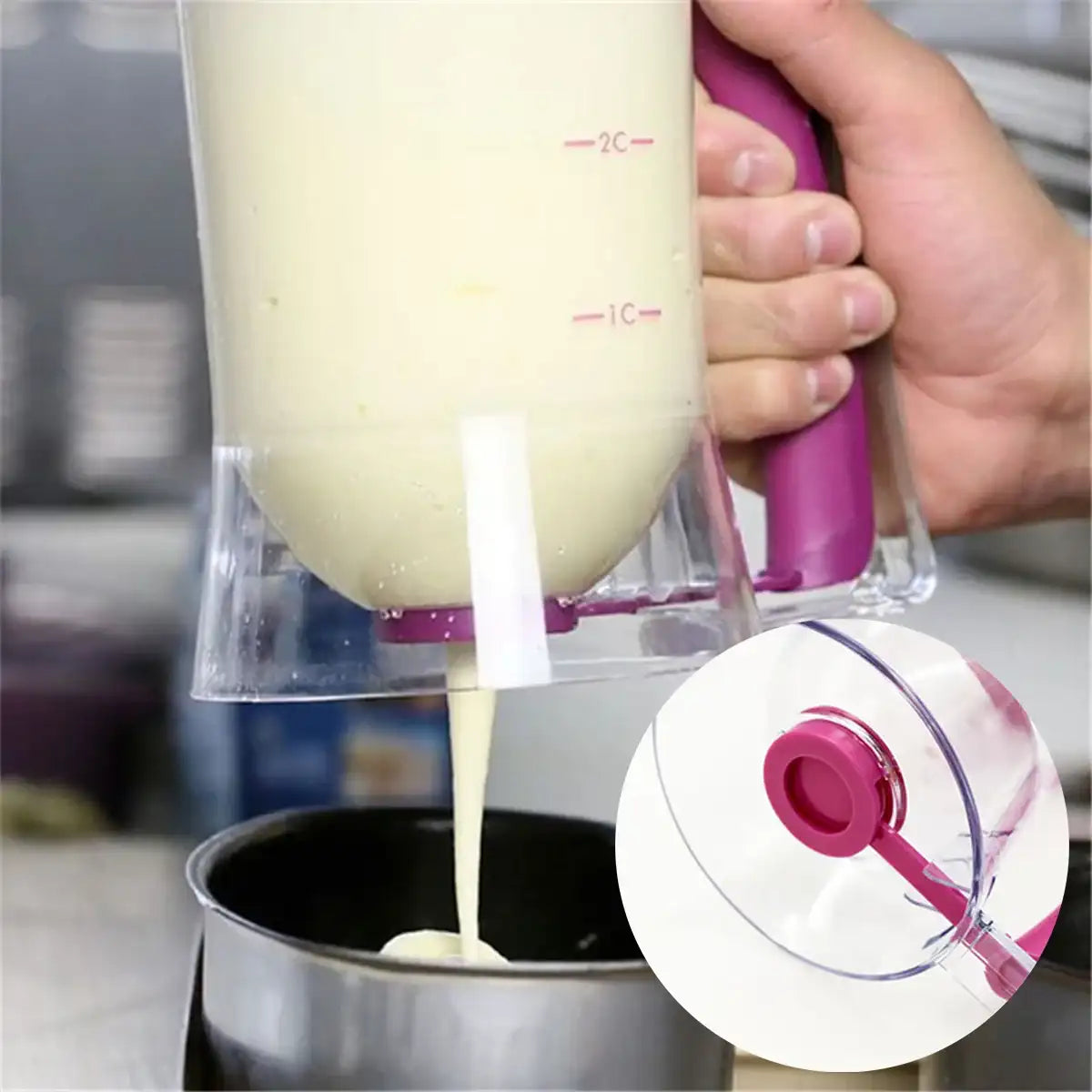 “Batter Dispenser & Separator with Measuring Label – Squeeze Handle for Pancakes, Waffles & Baking”