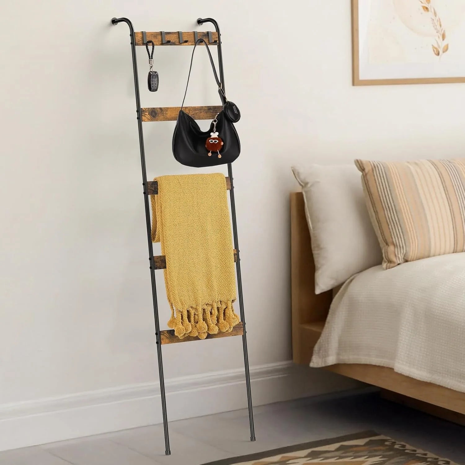 Blanket Ladder 5-Tier Towel Rack with 10 Hooks – Rustic Brown Wall-Leaning Storage Ladder
