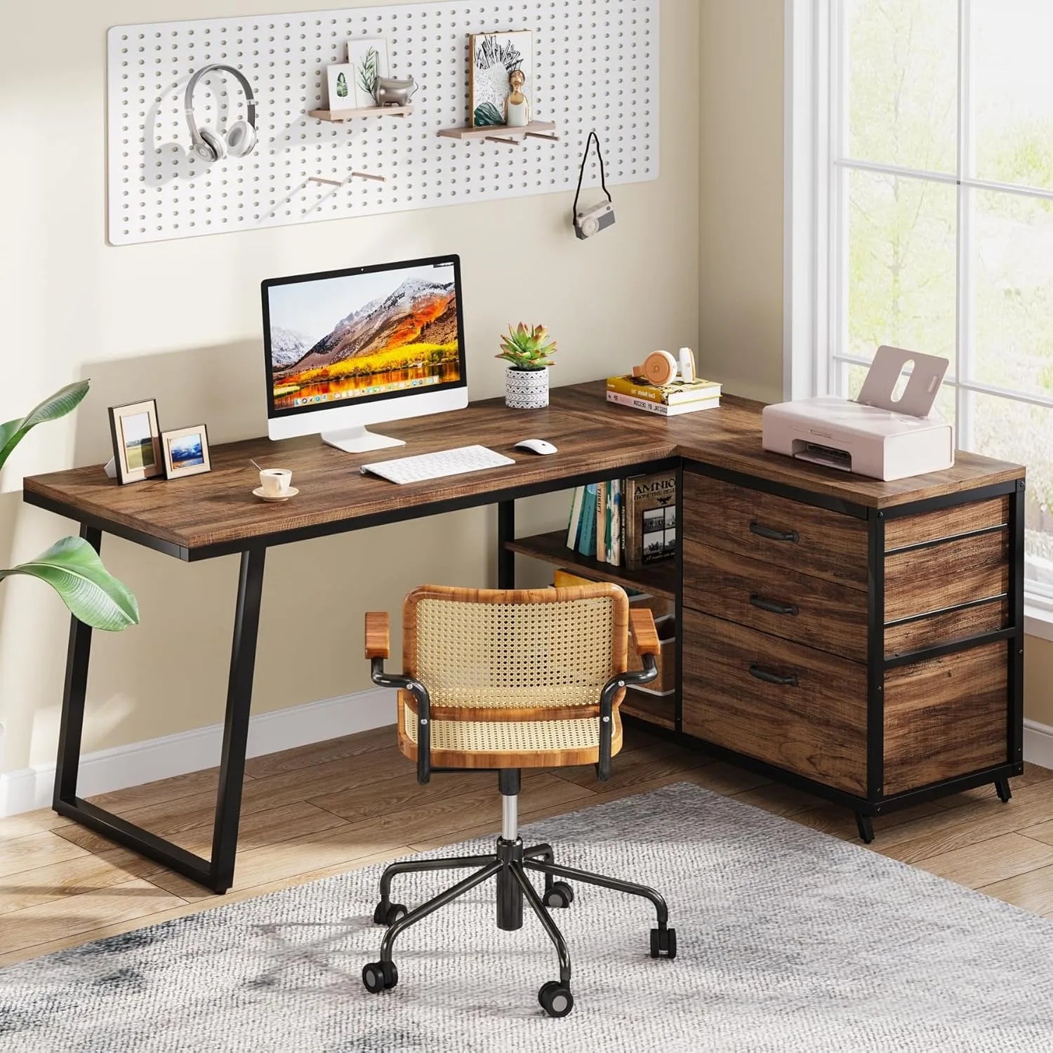 🖥️ 53" L-Shaped Computer Desk – Industrial Home Office Desk with 3 Drawers & Shelves, Rustic Brown Small-Space PC Table