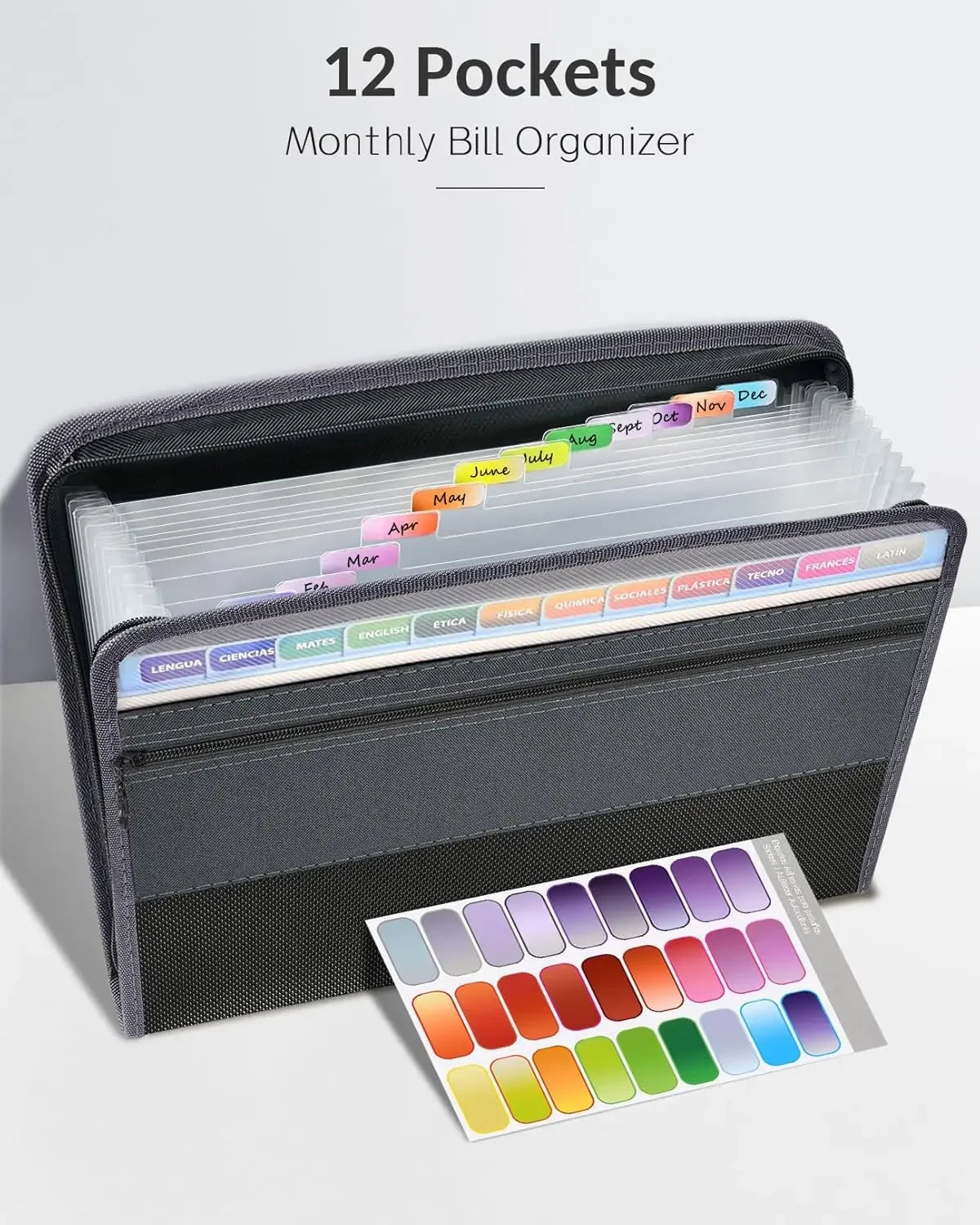 Expandable File Organizer with Security Zipper – 12-Pocket Document Folder with Front Pen Holder for Office & School