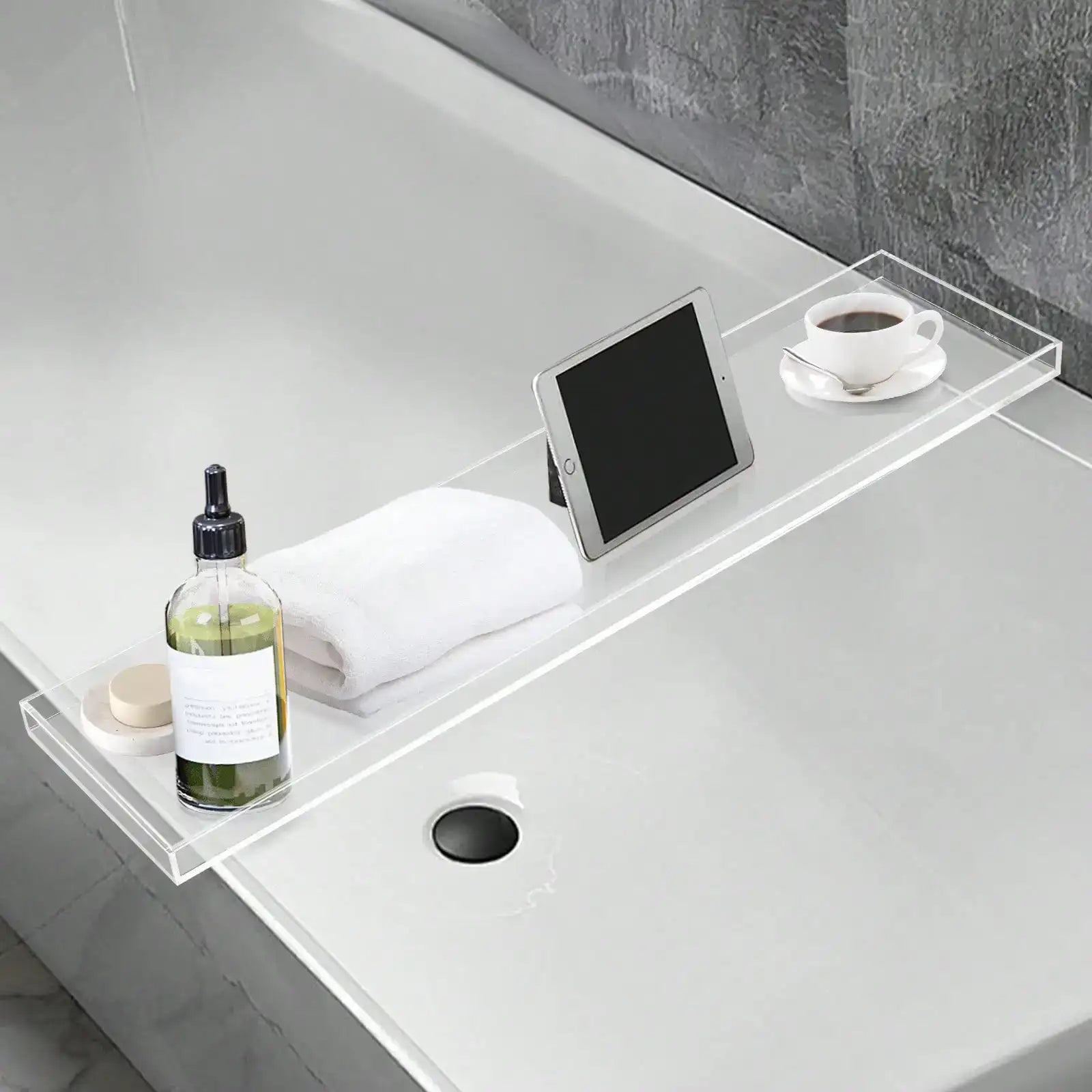Expandable Bathtub Caddy Tray with Wine Glass & Book Holder – Luxury Acrylic/ Bamboo Bath Table Rack