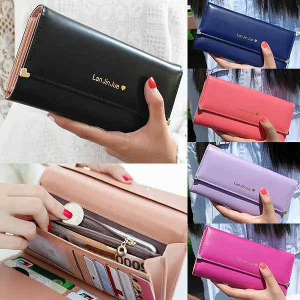 Women’s Long PU Leather Trifold Wallet – Elegant Card Holder Clutch Purse & Mobile Handbag