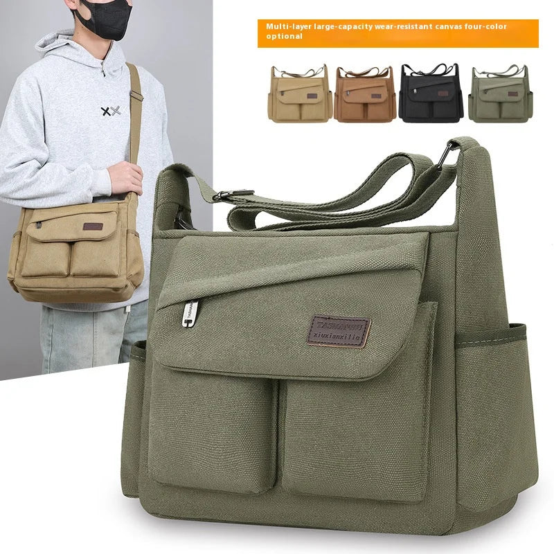 Men’s Canvas Messenger Bag – Casual Travel Shoulder Bag with Multi-Pocket & Adjustable Strap