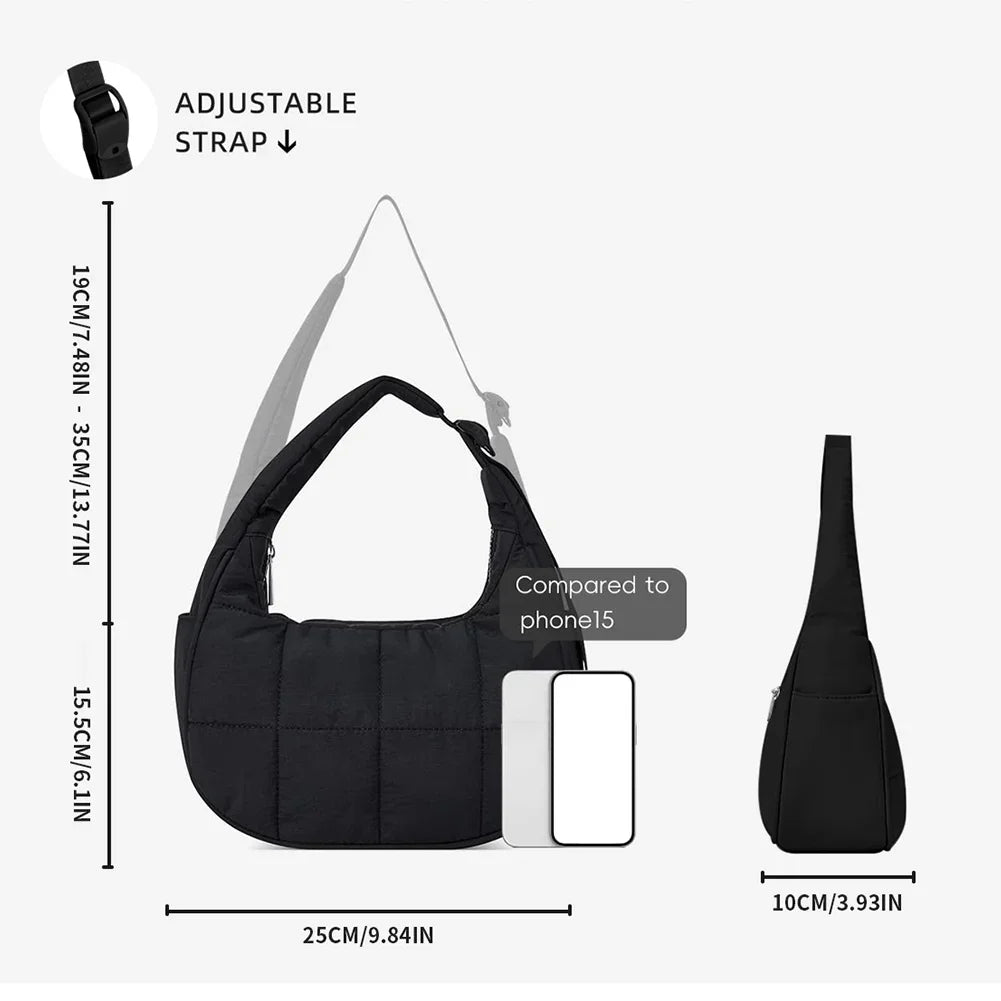 Puffer Crescent Bag for Women – Quilted Nylon Underarm & Hobo Bag with Adjustable Strap for Work & Travel 👜✨