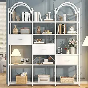5-Tier L-Shaped Corner Bookcase – White & Gold Modern Display Shelf with Adjustable Feet & Anti-Tip Design