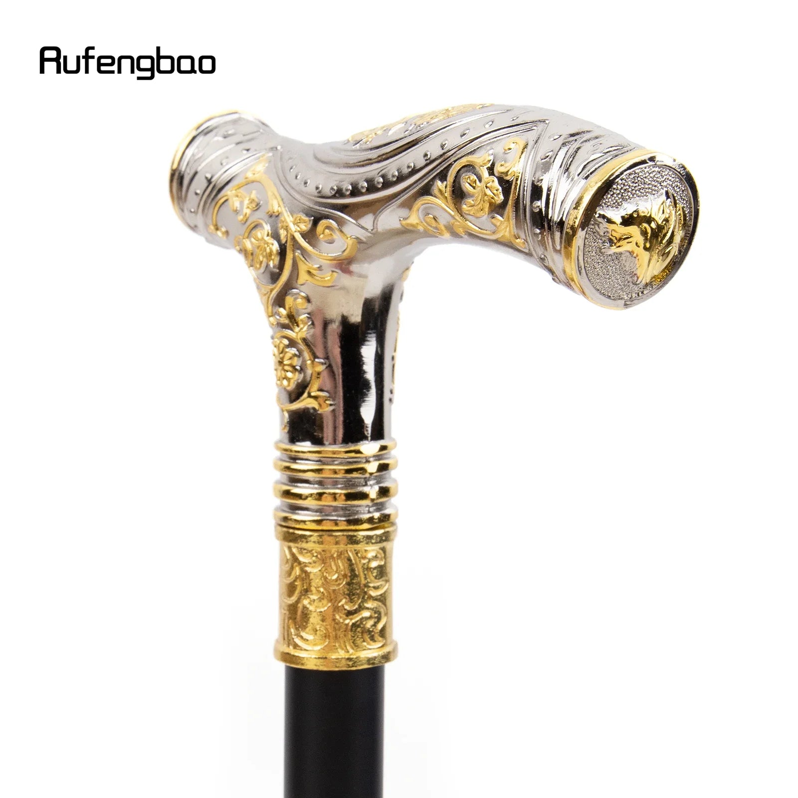 Golden & White Wolf Head Walking Cane – 93cm Fashion Gentleman’s Stick with Flower Totem Relief 🐺🌸