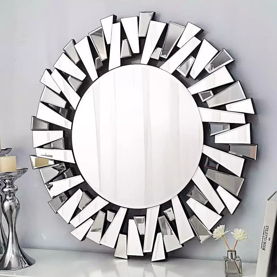 Luvodi Large Round Wall Mirror – Silver Starburst Design Decorative Mirror for Living Room, Dining Room & Bathroom Décor