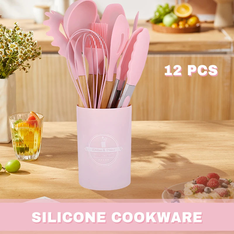 12-Piece Silicone Cooking Utensils Set with Wooden Handles – Non-Stick Spatulas, Spoons & Ladles