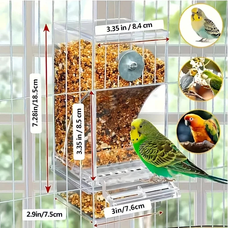 Transparent Automatic Bird Feeder – Anti-Splash Outside Cage Feeder for Parrots, Parakeets, Finches & Small Birds