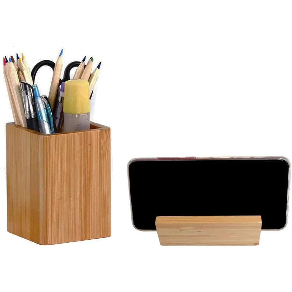 Bamboo Wooden Pen Holder & Desk Organizer – Business Card Holder Stand for Office, Home & School