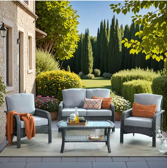 “Patio Furniture Set with Cushions – Outdoor Sofa, Chairs & Tea Table for Garden, Deck & Summer Relaxation”