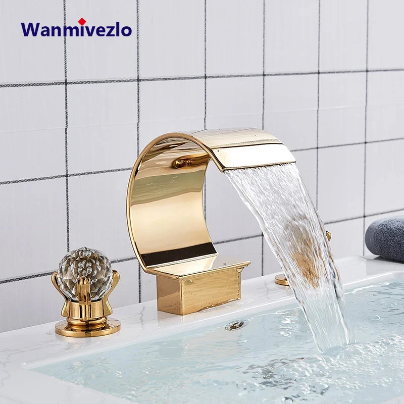 White Waterfall Bathroom Basin Faucet with Hot/Cold Mixer — Deck-Mount Single/Three Hole Water Tap