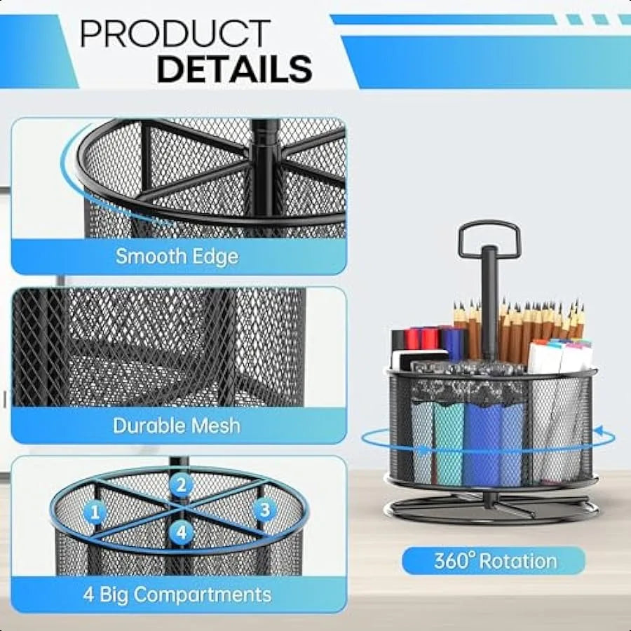 360° Rotating Mesh Pen Holder – 4-Compartment Desk Organizer with Swivel Base