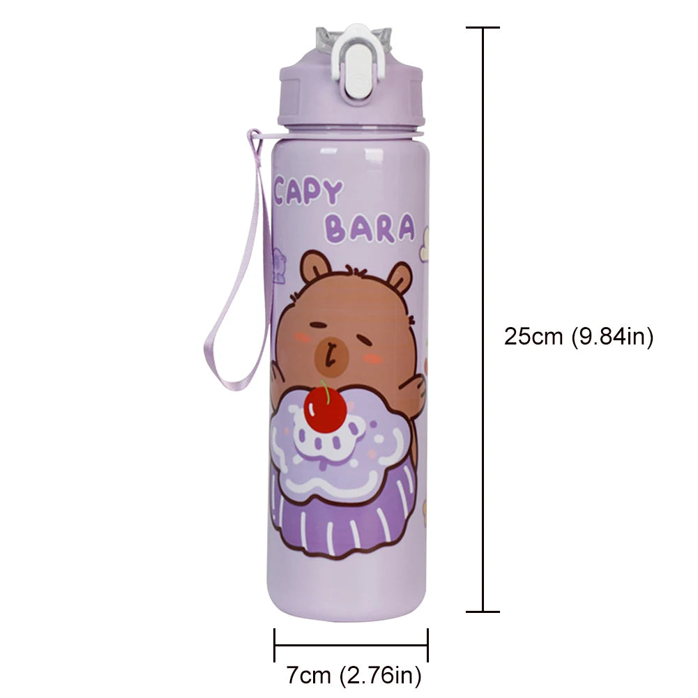 Capybara Cartoon Straw Water Bottle – Cute Portable Mug with Carrying Strap (700–800 ml)
