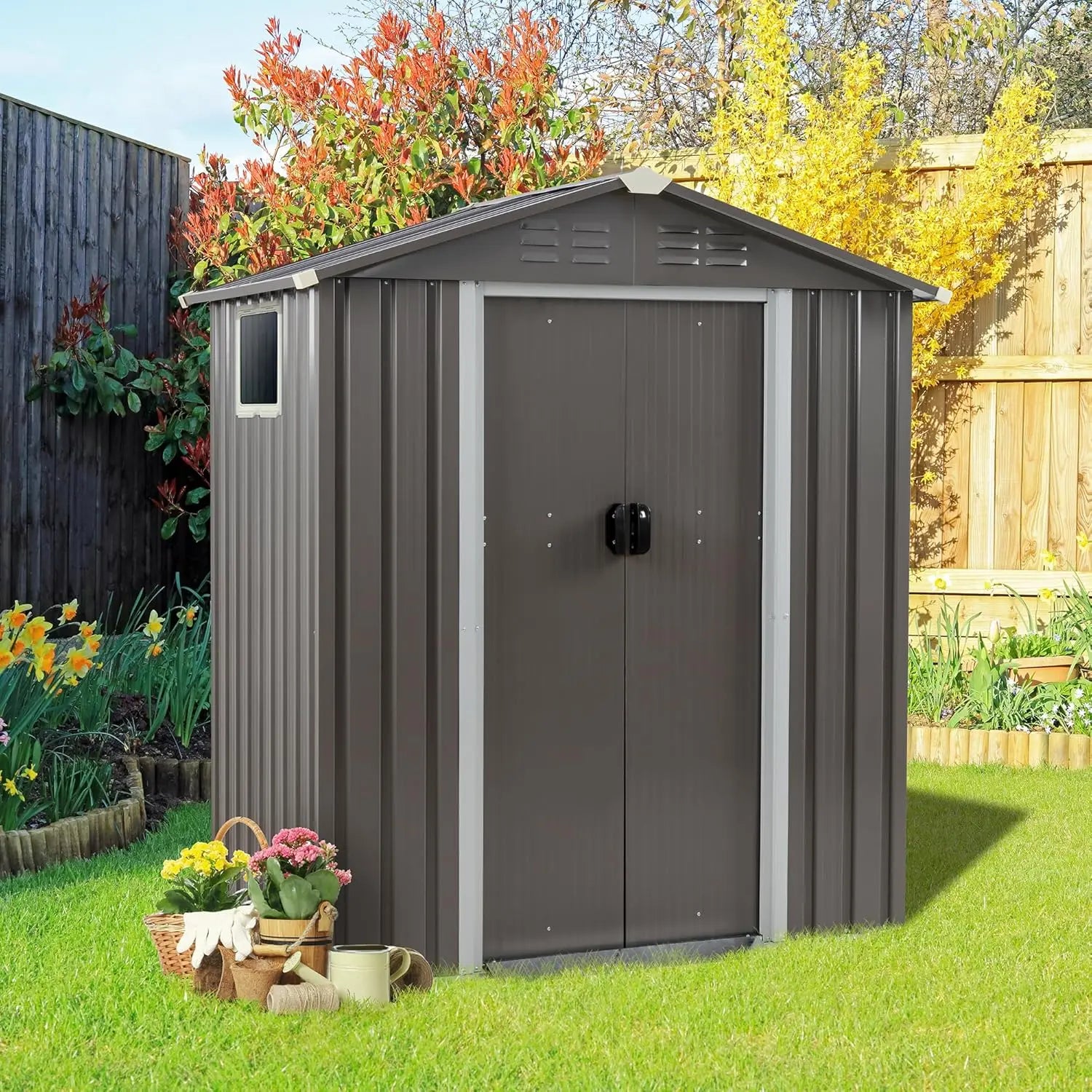 5 × 3 × 6 FT Metal Outdoor Storage Shed – Waterproof Garden Tool Shed with Side Window & Lockable Door