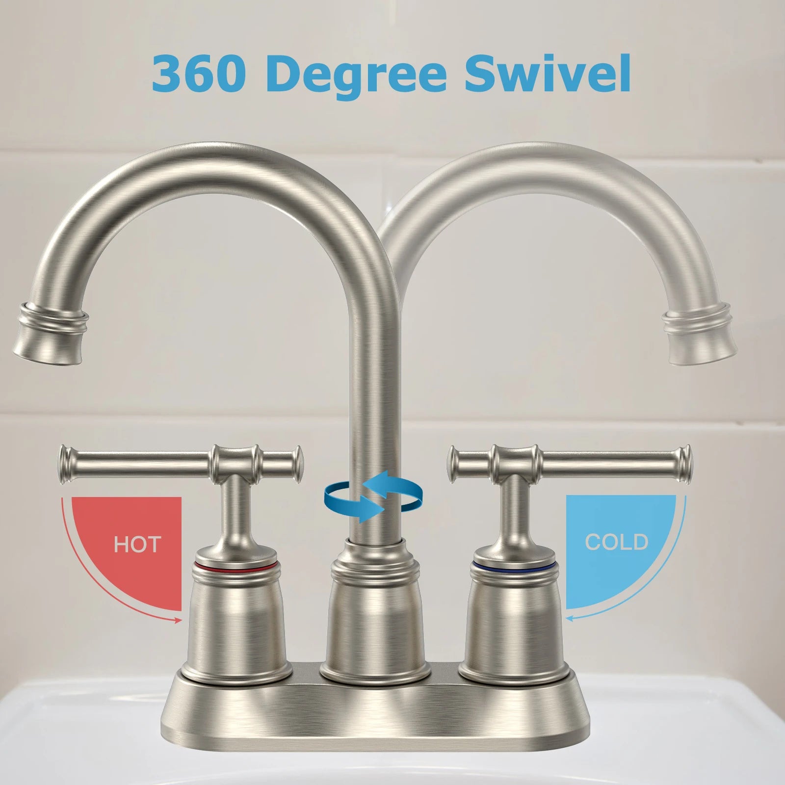 Brushed Nickel 4-Inch Centerset 2-Handle Faucet with Pop-Up Drain & 360° Swivel Spout