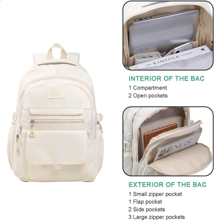 Aesthetic School Backpack for Teens & College – Beige Laptop Bookbag for Girls & Boys