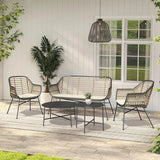 “5-Piece Outdoor Wicker Patio Conversation Set with Cushions & Coffee Tables – Boho Indoor/Outdoor Wicker Seating Set”