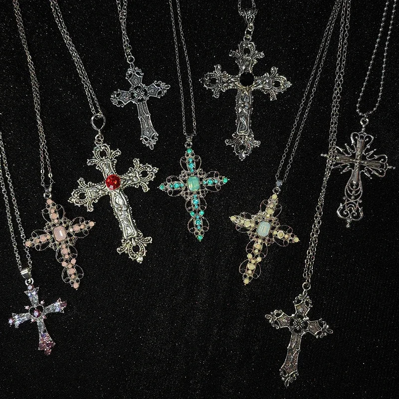 Gothic Zircon Cross Necklace – Unisex Y2K Large Pendant with Irregular Crystal Design for Men & Women