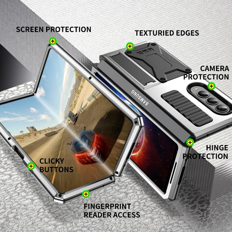 Heavy Duty Armor Metal Aluminum Case – Shockproof Military Stand Cover with Screen Protector for Samsung Z Fold 4