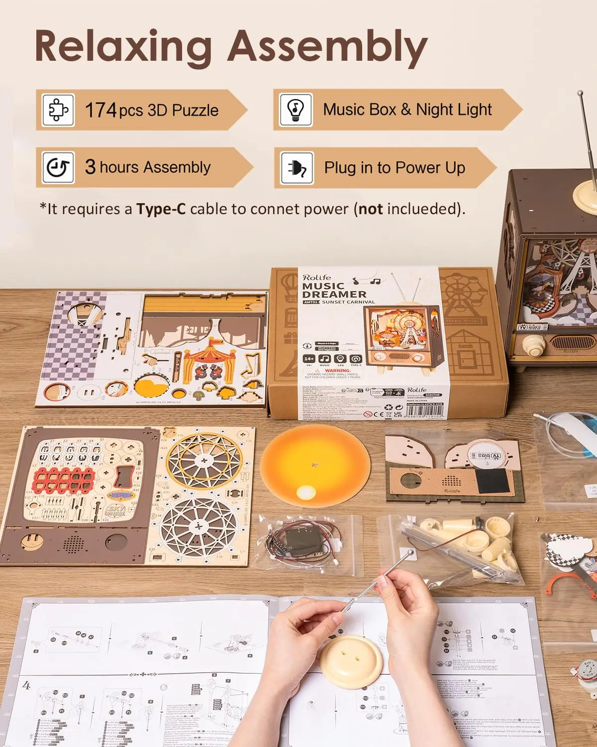 “Robotime Rolife Sunset Carnival Music Box – 3D Wooden Puzzle Ferris Wheel with Lights, DIY Home Decoration & Gift”